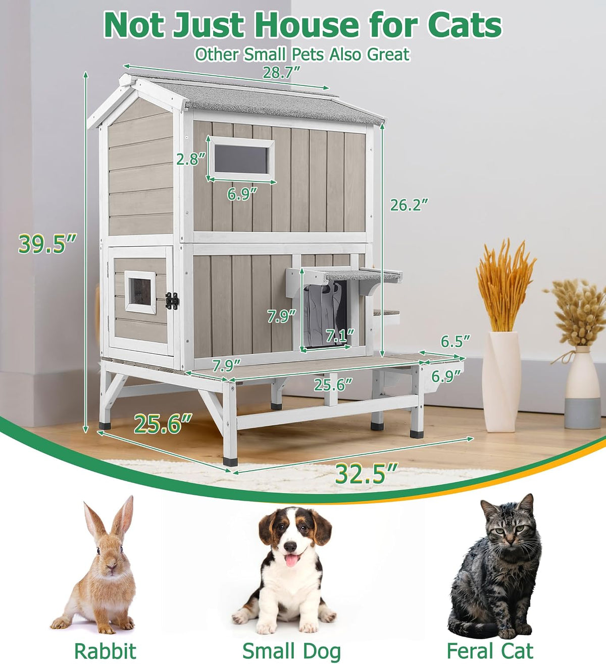 GoWoodHut Outdoor Cat House Weatherproof Cats Shelter for Feral Kitten Pet Houses for 1-2 Small Animlas 2 Story Wooden Houses for Indoor Outdoor Cats with Escape Doors (25.5" D x 33.5" W x 39.5" H)