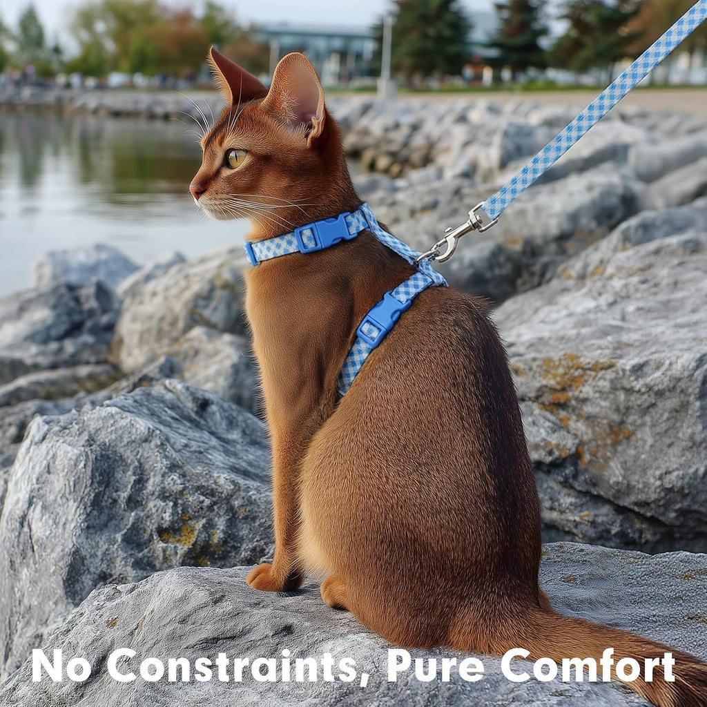 azuza Cat Harness and Leash Set, Escape Proof for Safe Walking, Blue Plaid