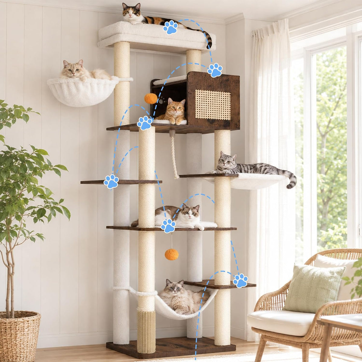 Hey-brother Wooden Cat Tree Tower with Rattan Condo, Large Platform, 2 Cozy Hammocks, Basket, Self-Grooming Brush, 9 Full Sisal Scratching Posts for Indoor Adult Cats, 73 Inches, Rustic Brown MPJ122SR