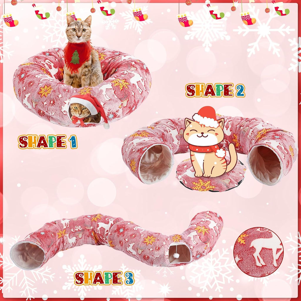 Cat Tunnel Christmas Tree Skirt 3 ft x 3 ft x 10 Inch Cat Bed Donut Cave Indoor Fluffy Circular with Mat and Ball Playground Toys for Festive Kitten Puppy Ferret Rabbit(Red,Elk)