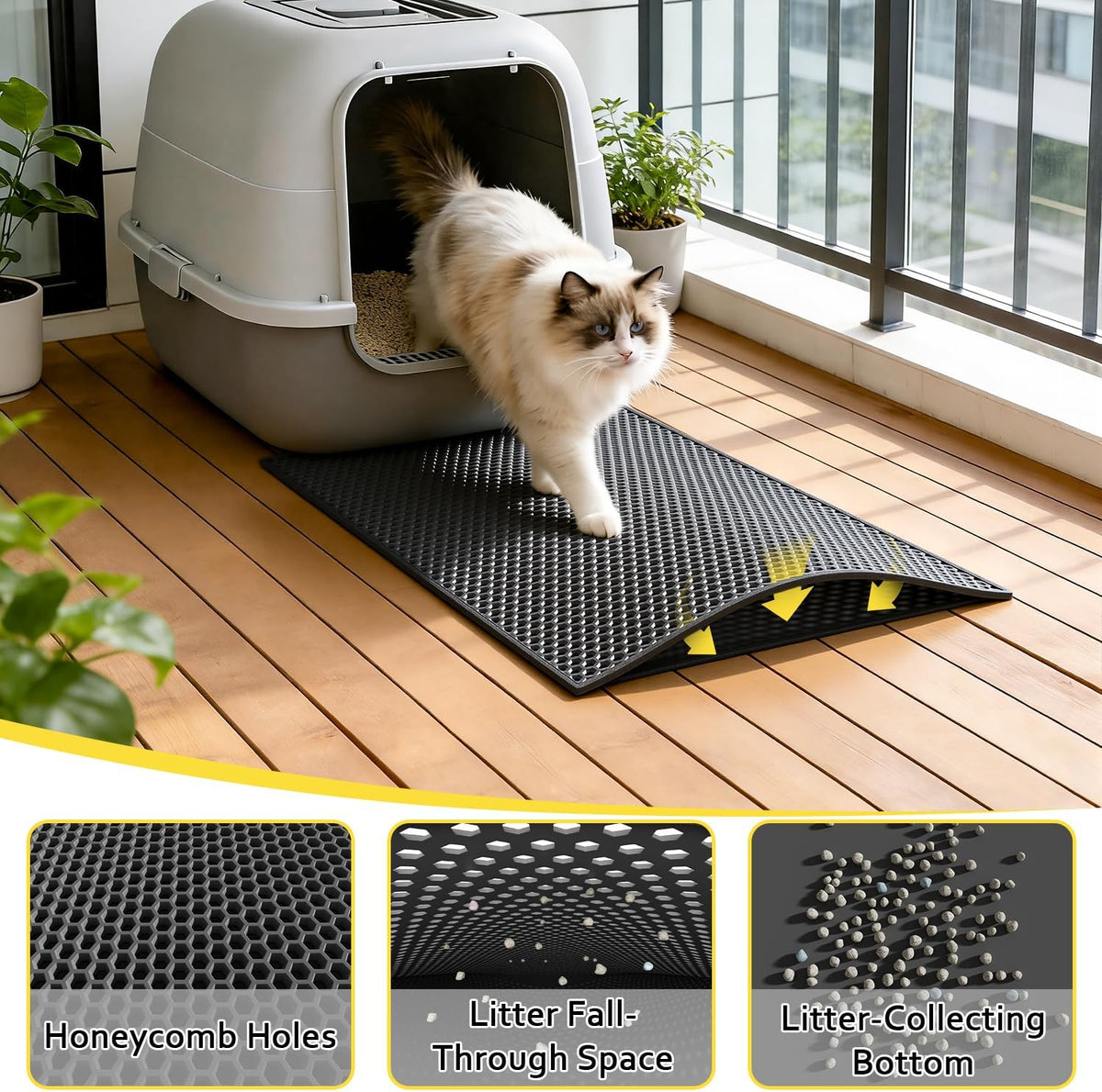 Cat Litter Mat, 15"X24", Waterproof, Easy to Clean (Black-1Pack) | Double-Layer Honeycomb for Effective Litter Trapping, Premium Durable EVA, Non-Slip, Paw-Friendly Soft Surface