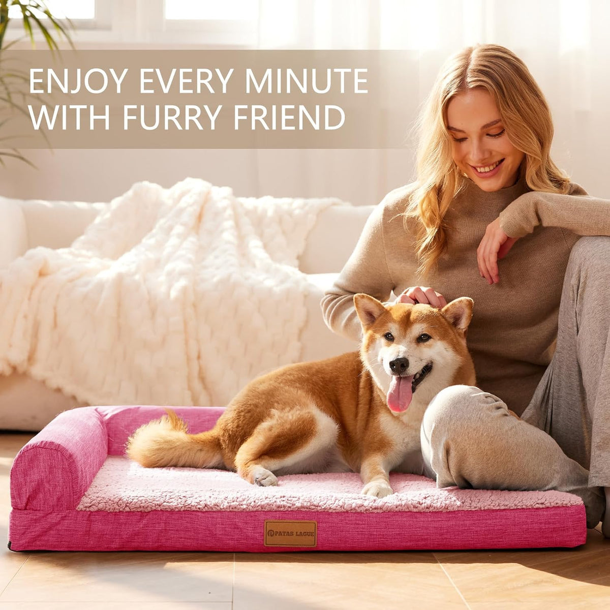 Patas Lague Orthopedic Large Dog Bed Washable Pet Sofa Bed 42''X28''Pink
