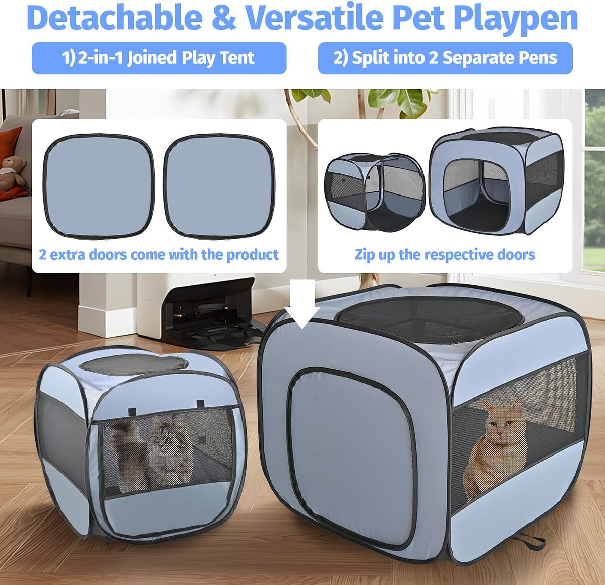 2-in-1 Portable Cat Dog Playpen, Detachable into 2 Separate Cages
