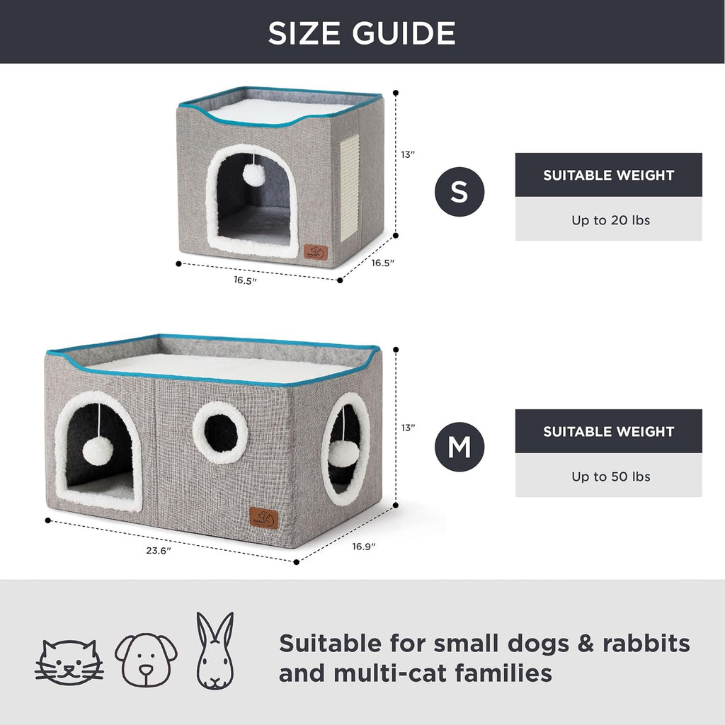 Bedsure Extra Wide Cat House Bed with Fluffy Ball and Scratch Pad,Grey