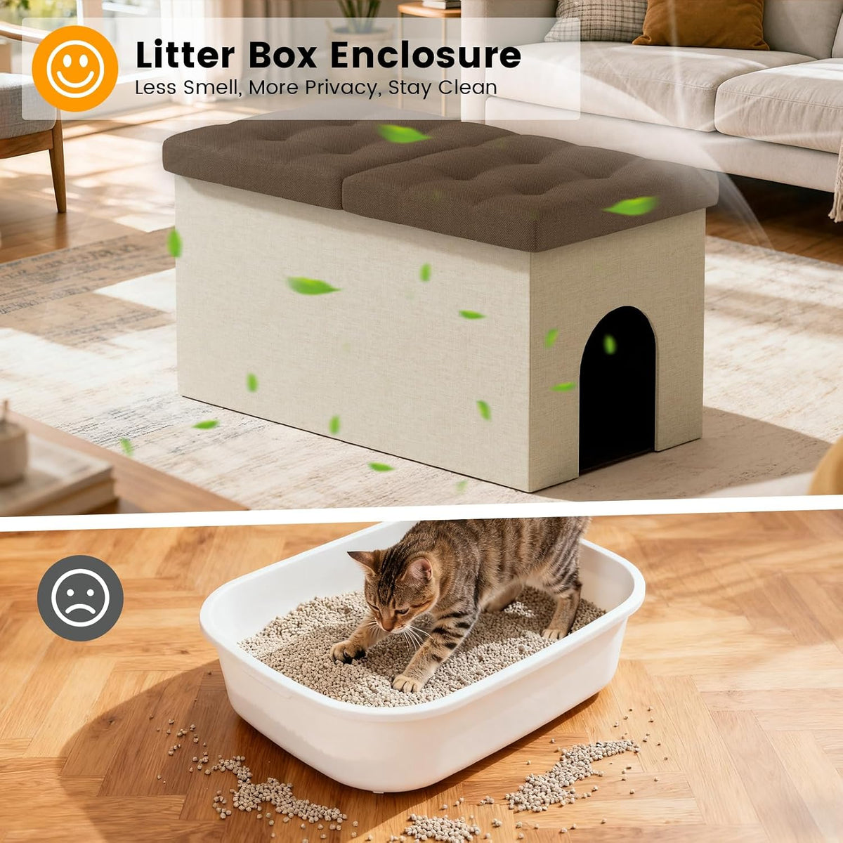 3-in-1 Cat Litter Box Enclosure, X-Large, Beige+Brown Lid