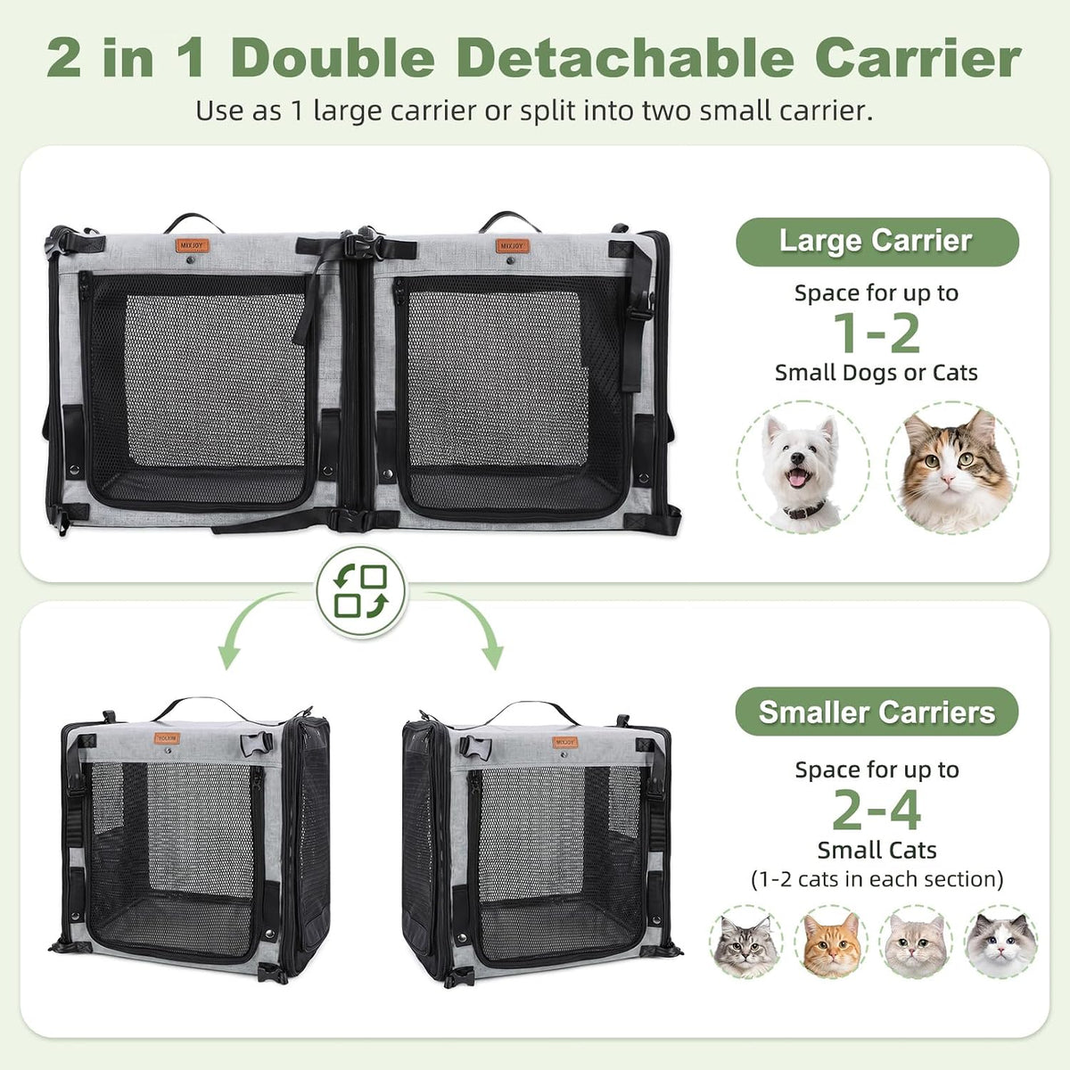 MIXJOY Large Cat Carrier for 2 Cats,2-in-1 Dual Cat Carrier with Litter Box