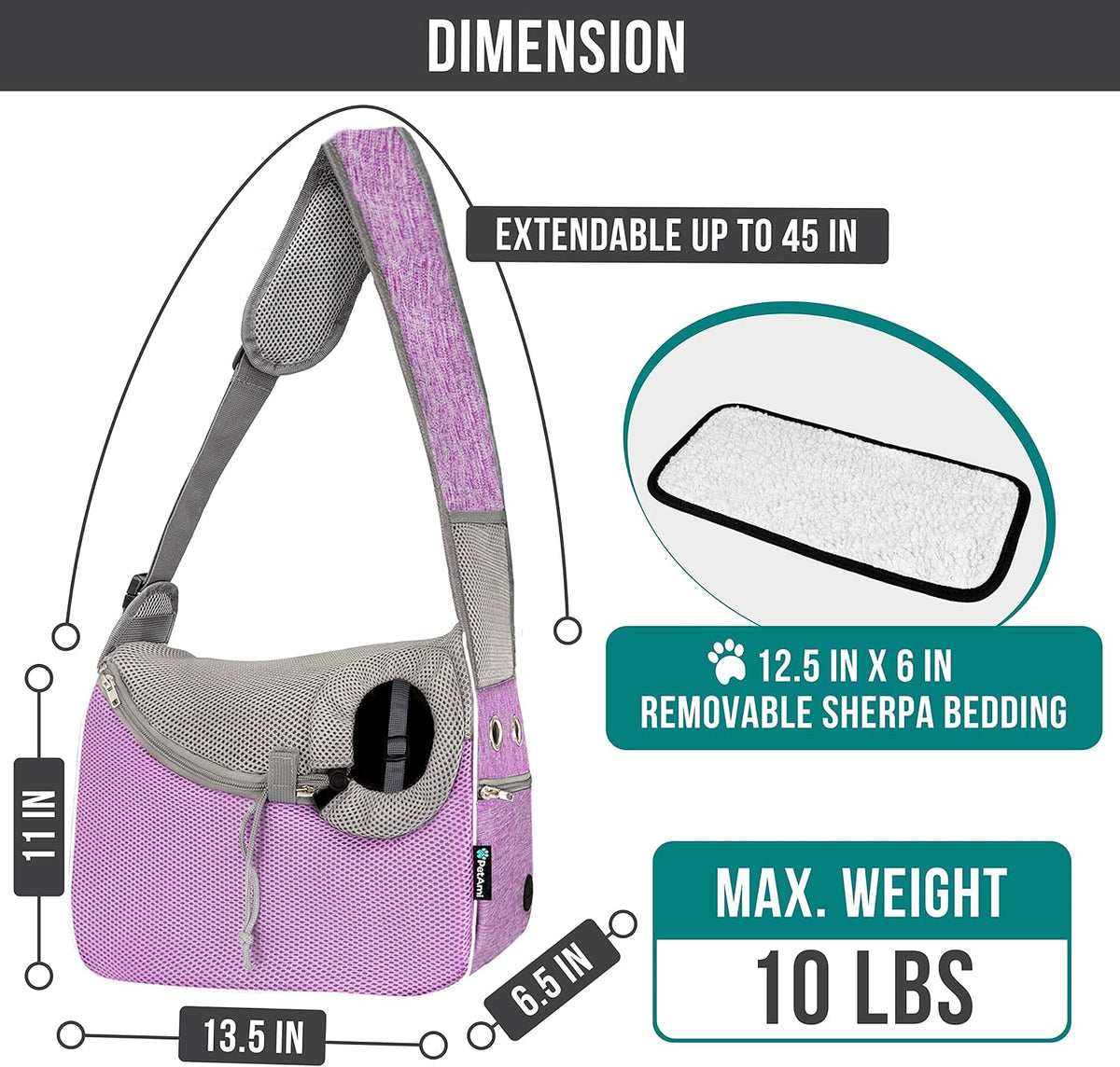 PetAmi Dog Sling Carrier Small Dogs, Hands Free Crossbody Carrier, Purple
