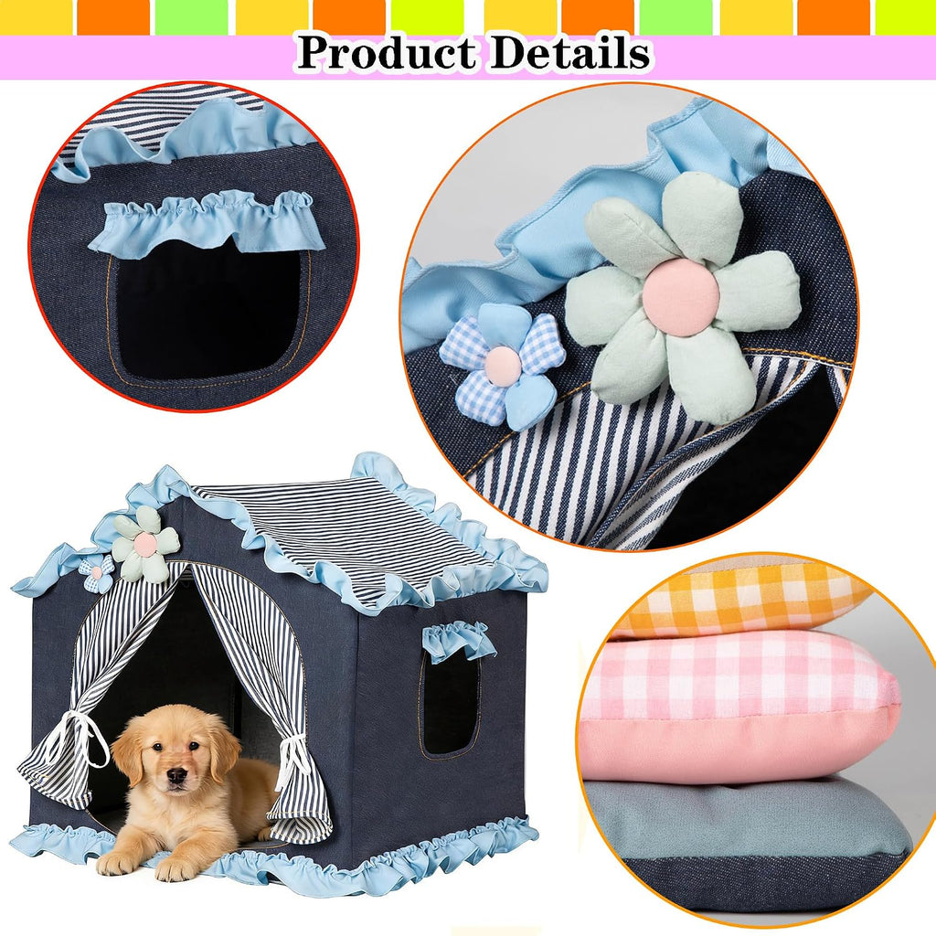 Denim Blue Indoor Dog House Frame Foldable Breathable for Small Dog