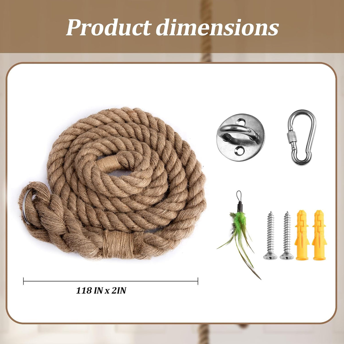 2" x 9.84Ft Cat Climbing Rope with Hook for Ceiling & Wall Mounted, Natural Sisal Rope for Cat Scratcher with Feather Toy for Indoor/Outdoor Cats, Durable Cat Tree Replacement Rope