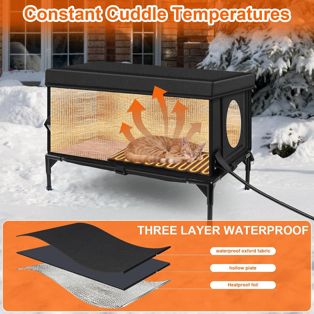 Heated Cat House for Outside, Insulated Outdoor Cat House Shelter(Large)