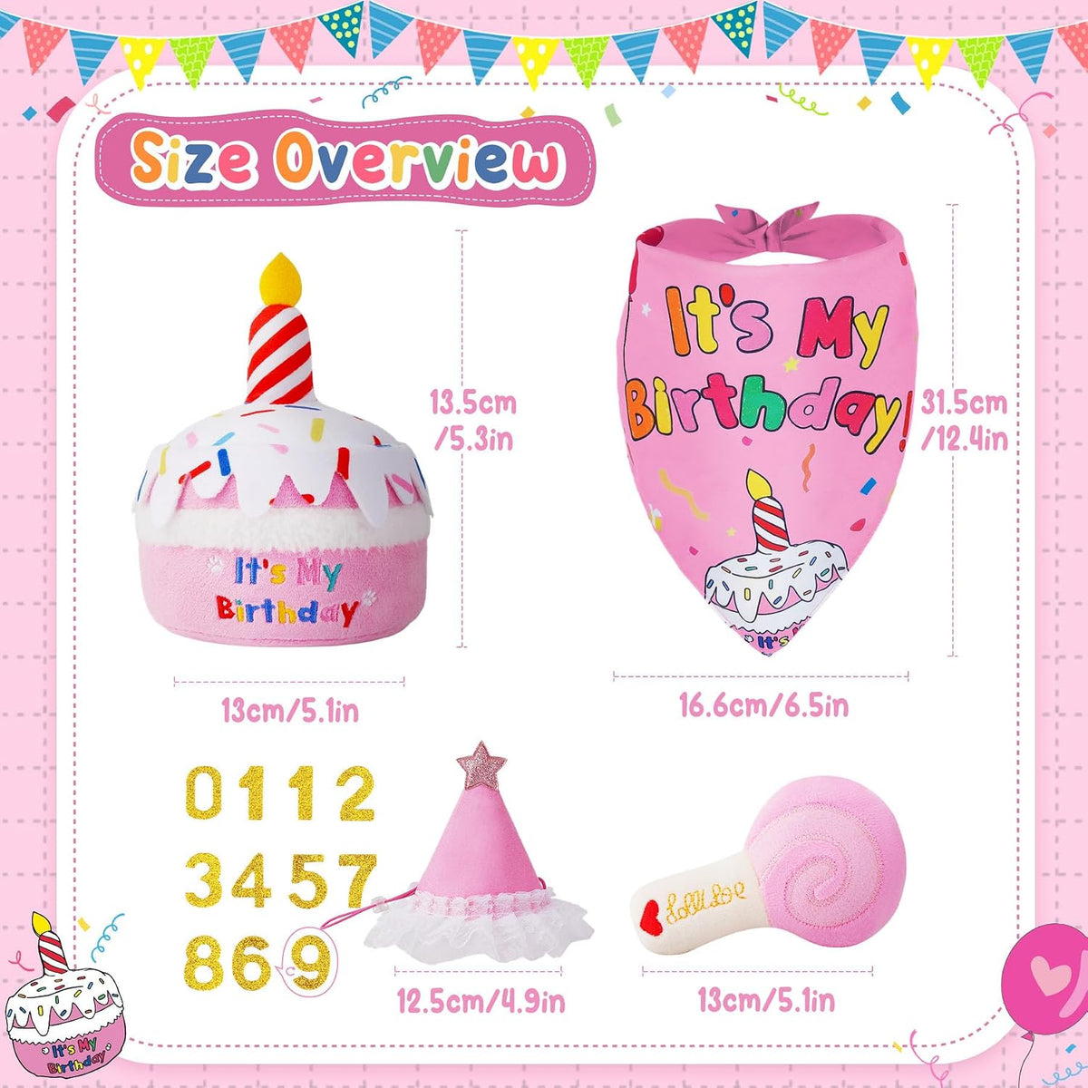 KIPRITII Dog Birthday Supplies with Cake Toys, Bandana & Hat for Small Dog | Photo-Ready Fun,Squeaky Birthday Toys,Dress-Up Fun,Adjustable Number Design,Soft Plush