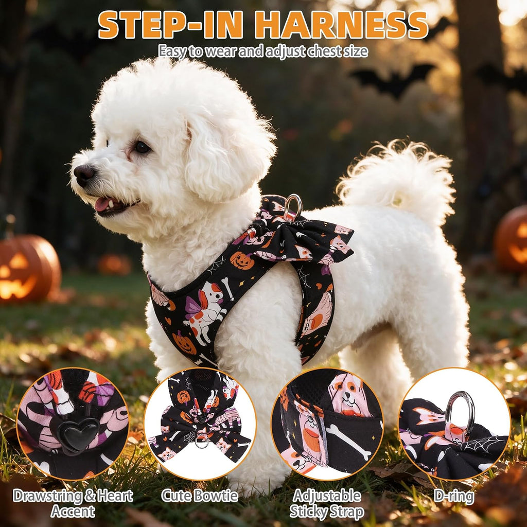 KOOLTAIL Halloween Dog Harness and Leash Set for Small Medium Sized Dogs Cats, Cute Puppy Vest Harnesses with Bowtie, Step in No Pull Soft Mesh Padded Adjustable Pet Harness Boys Girls, Pumpkin S
