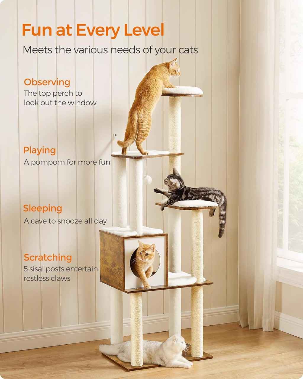 Feandrea Cat Tree, 64.6-Inch Multi-Level Tower with 5 Scratching Posts