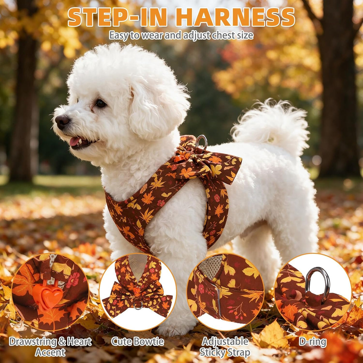 KOOLTAIL Fall Dog Harness and Leash Set for Small Medium Dogs Cats,Thanksgiving Cute Puppy Vest Harnesses with Bowtie, Step in No Pull Soft Mesh Padded Adjustable Harness for Extra-Samll Pet Boy Girl