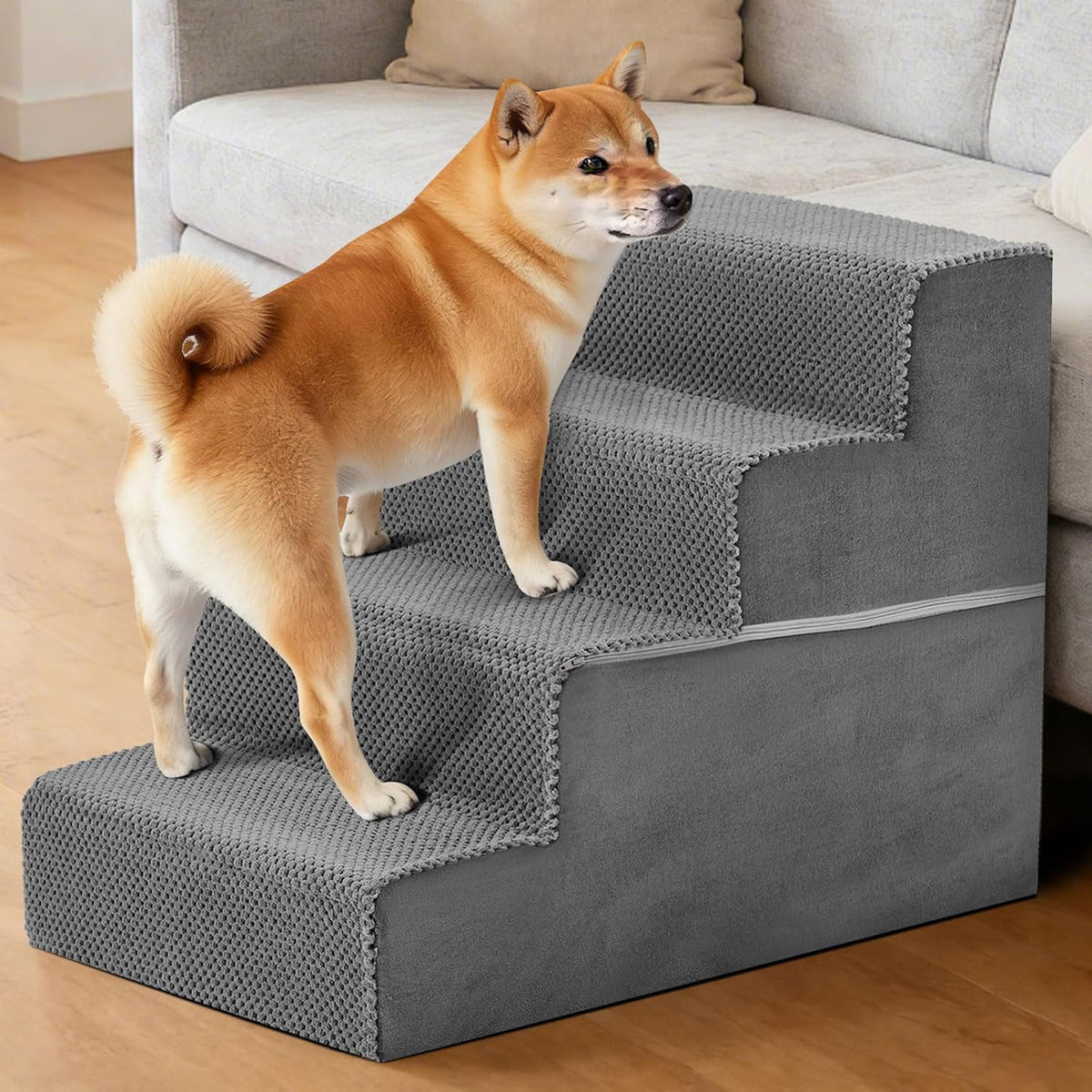 4-Step Dog Stairs for Large Dogs and Cats, 18in H Dog Steps, Grey
