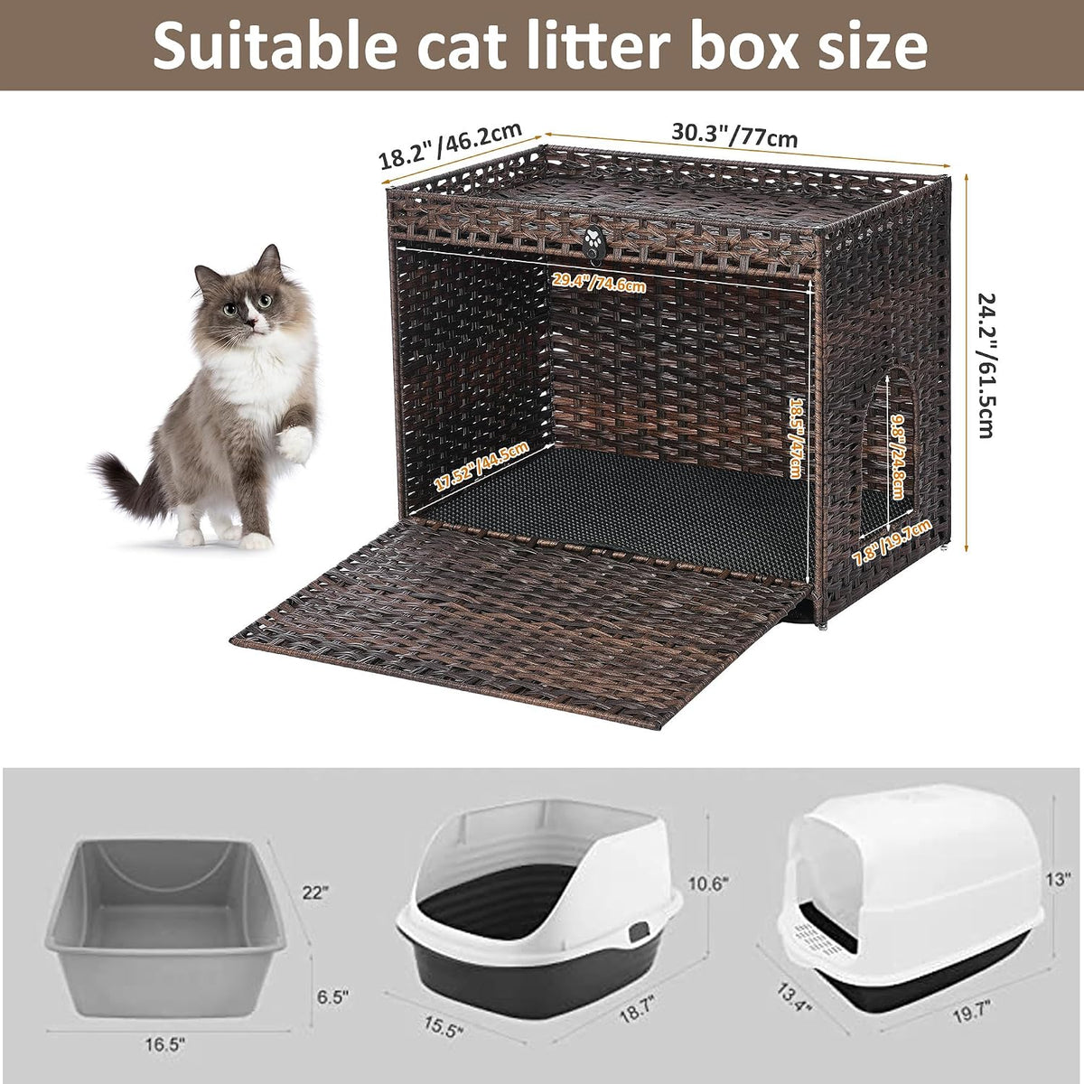 Cat Litter Box Enclosure with Door, Hidden Cat Washroom Furniture | Handwoven PP Wicker; Soft Litter Mat Included; Spacious Interior; Furniture-Style Design; Indoor Home Décor