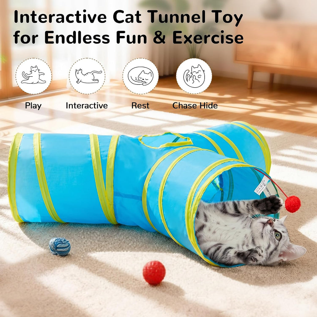 Tempcore Cat Tunnel, 3-Way Collapsible Toy for Indoor Cats, Blue & Yellow | 3-Way Cat Tunnel with Peek Holes, Hanging Ball and Teaser Wand, Collapsible Design for Play, Hiding, Chasing and Exercise