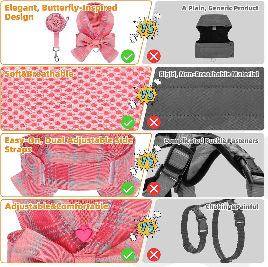 KOOLTAIL Small Dog Harness and Leash Set, Cute Puppy Vest Harnesses with Bowtie, Step in No Pull Soft Mesh Padded Adjustable Plaid Pet Harness for Extra-Samll Medium Dogs Cats, Boy Girl, Pink XS-M