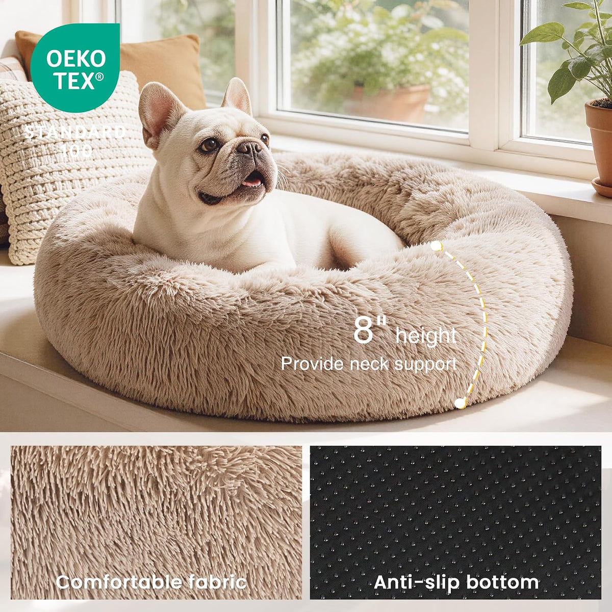 Love's cabin Calming Dog & Cat Bed, Cat Bed for Indoor Cats, Anti-Anxiety Donut Round Bed, Fluffy Warming Pet Bed for Small Medium Dogs and Cats, Beige Taupe 20"/24"