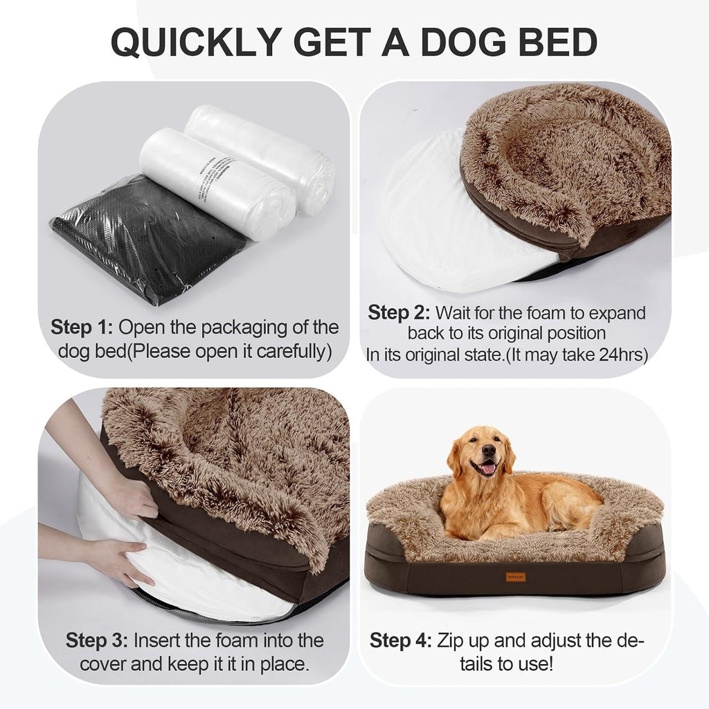 iweepet Fluffy Calming Jumbo Orthopedic Dog Beds for Extra Large Dogs, Supportive Dog Sofa Bed with 3.7 inch 28D Egg-Crate Foam, Removable Washable Plush Cover, Waterproof Lining, 48’’,Brown