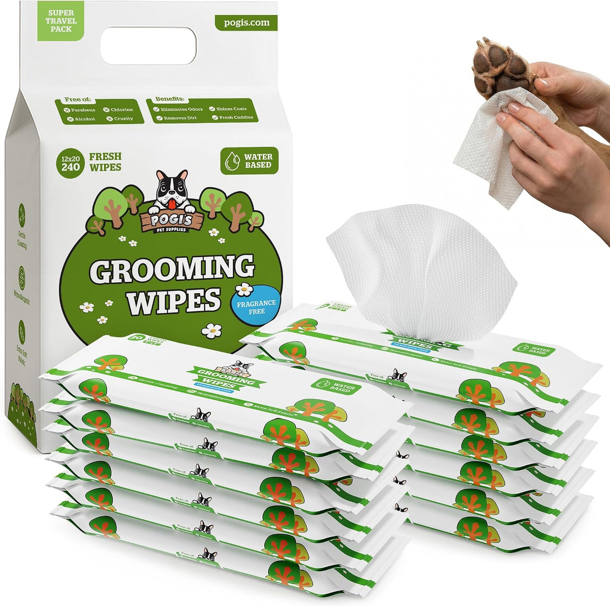 Pogi’s Dog Wipes – Hypoallergenic Pet Wipes for Paws, Body & Butt – Cleaning & Hydrating, Fragrance Free, 240 Count 