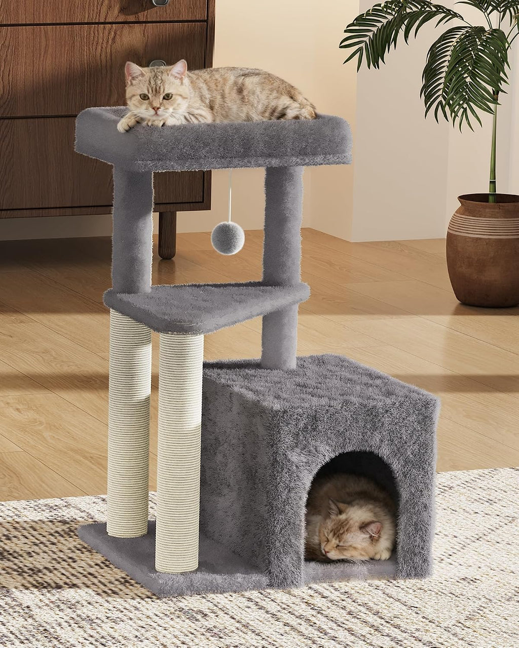 Cat Tree Tower for Indoor Cats, 33 Inches Multi-Level Cat Condo with Scratching Posts, Large Perch, Hanging Toy for Large Adult Cats, Gray