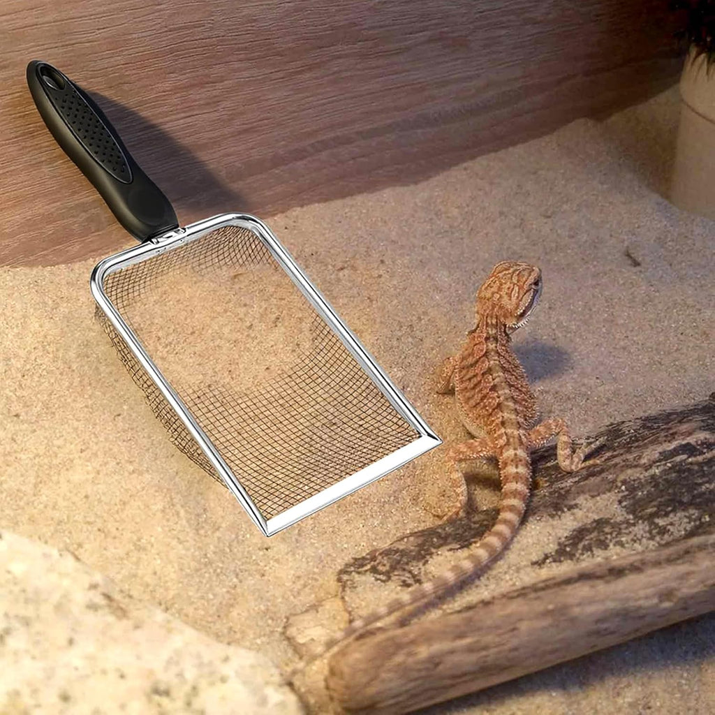 Stainless Steel Mesh Litter Shovel, Fine Mesh Metal Reptile Litter Cleaner Scooper, Black Non-Slip Handle Sifter for Lizard Substrate Reptile Terrarium Sand Waste