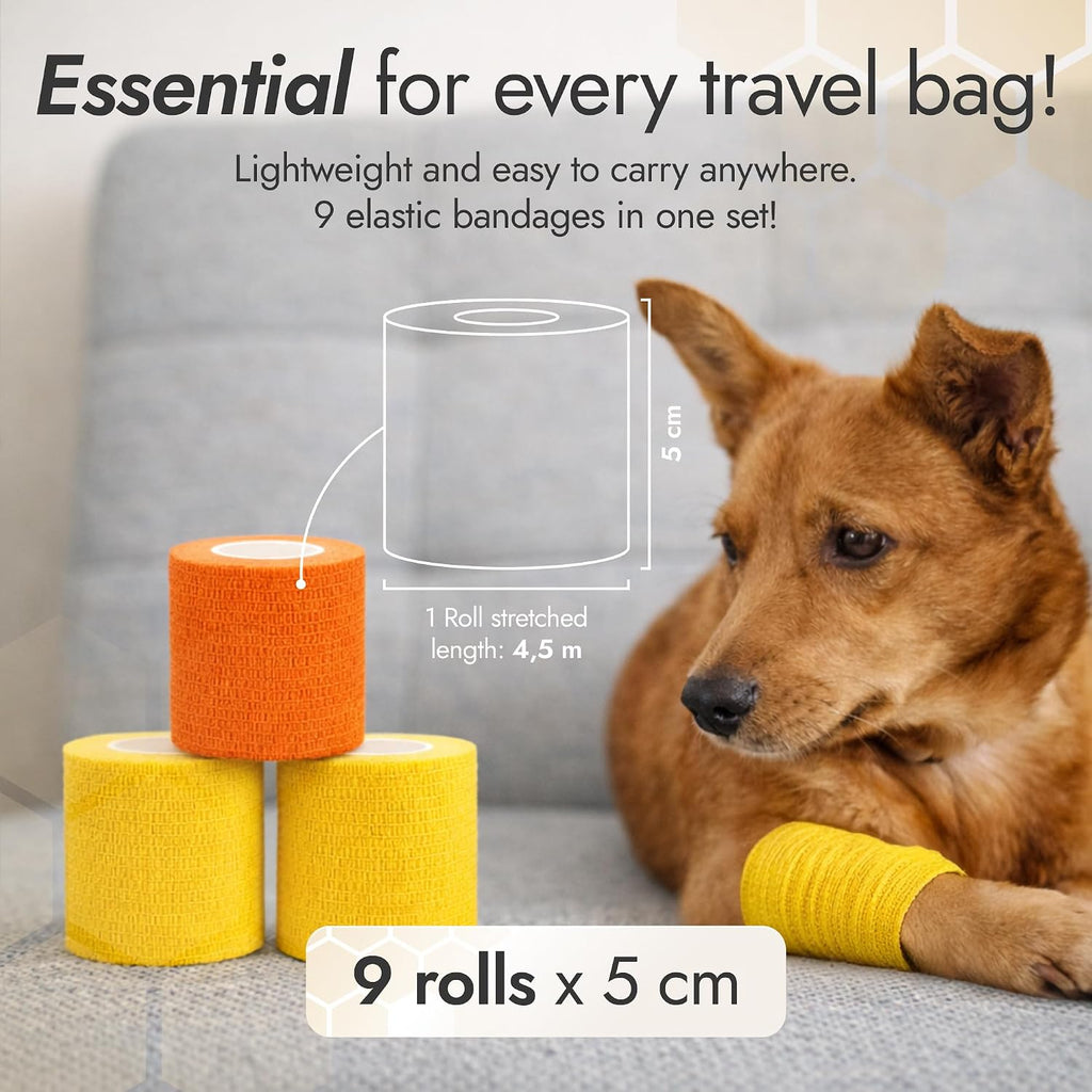 Self-Adhering Elastic Dog Bandages for Wounds – Cat & Dog Bandage Prevents Licking and Scratching – Made from Natural Rubber Latex, the Wrap Sticks to Itself – Set of 9 x 5 cm Rolls