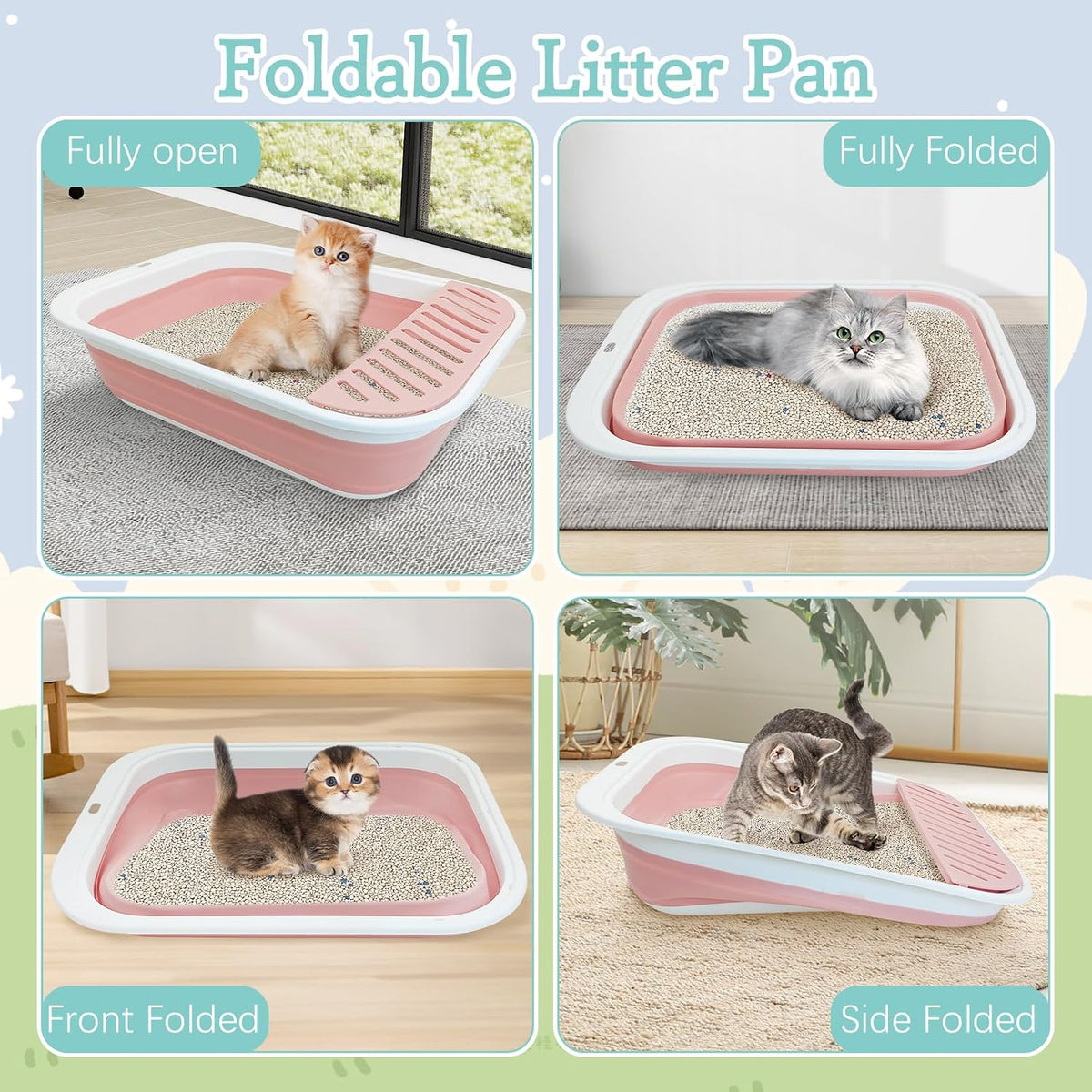 Fhiny Kitten Litter Box Portable Shallow Litter Box 17.7"x13.4"x4.9" Foldable Cat Toilet with Scoop Open Kitty Potty Pan with Litter Drop Pedal Easy to Clean Travel Kitten Toilet(Pink)