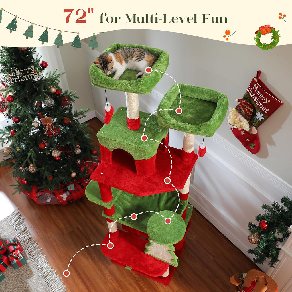 PAWZ Road Christmas Cat Tree, 72" with Big Condo, Hammock & Xmas Scratcher