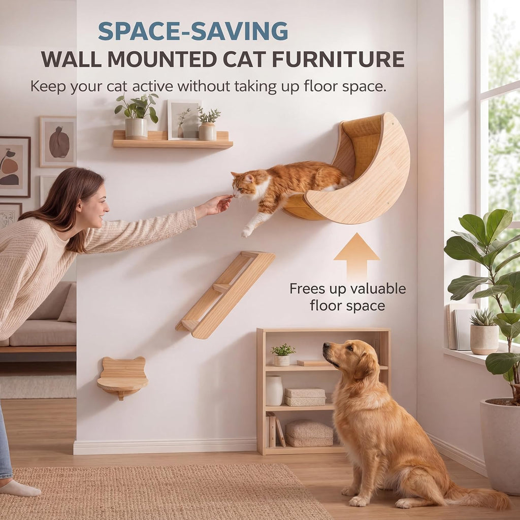Cat Wall Shelves Set,Solid Wood Moon Bed,Perch & Stair for Climb and Rest