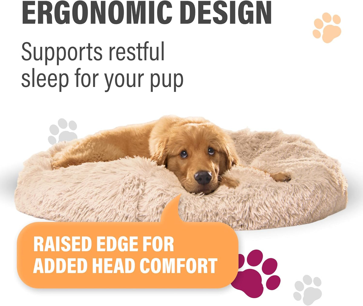 Active Pets Premium Medium Donut Dog Bed, Fits Up to 45 lbs, Machine Washable Cushion, Plush Long Pile Faux Fur Fabric, Portable Beige Pet Bed Furniture for Puppies Adult Canines & Cats