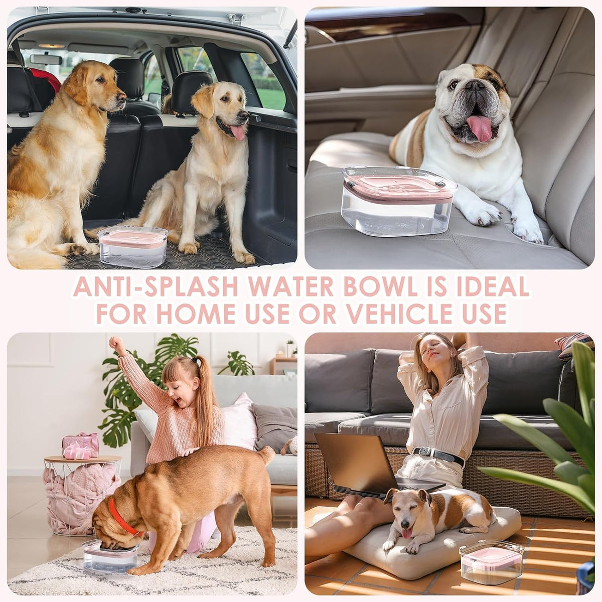 AONKEY 3L No Spill Dog Water Bowl with Slow Drinking Disk(Pink)
