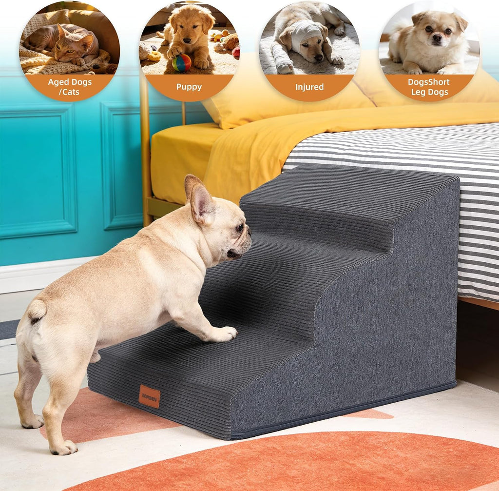 Dog Stairs for Small Dogs,15.7" H,3-Step Curved Pet Ramp for Bed Couch Sofa and Chair,Non-Slip Pet Steps for Injured & Senior Pets with Washable Cover and Durable High Density Foam,Grey