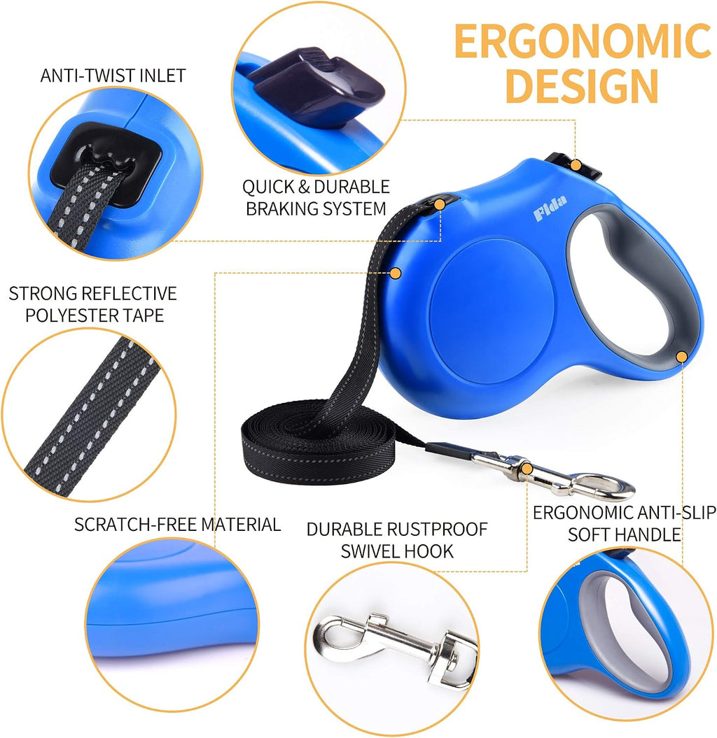 Fida Retractable Dog Leash with Dispenser and Poop Bags, 16 ft, Blue