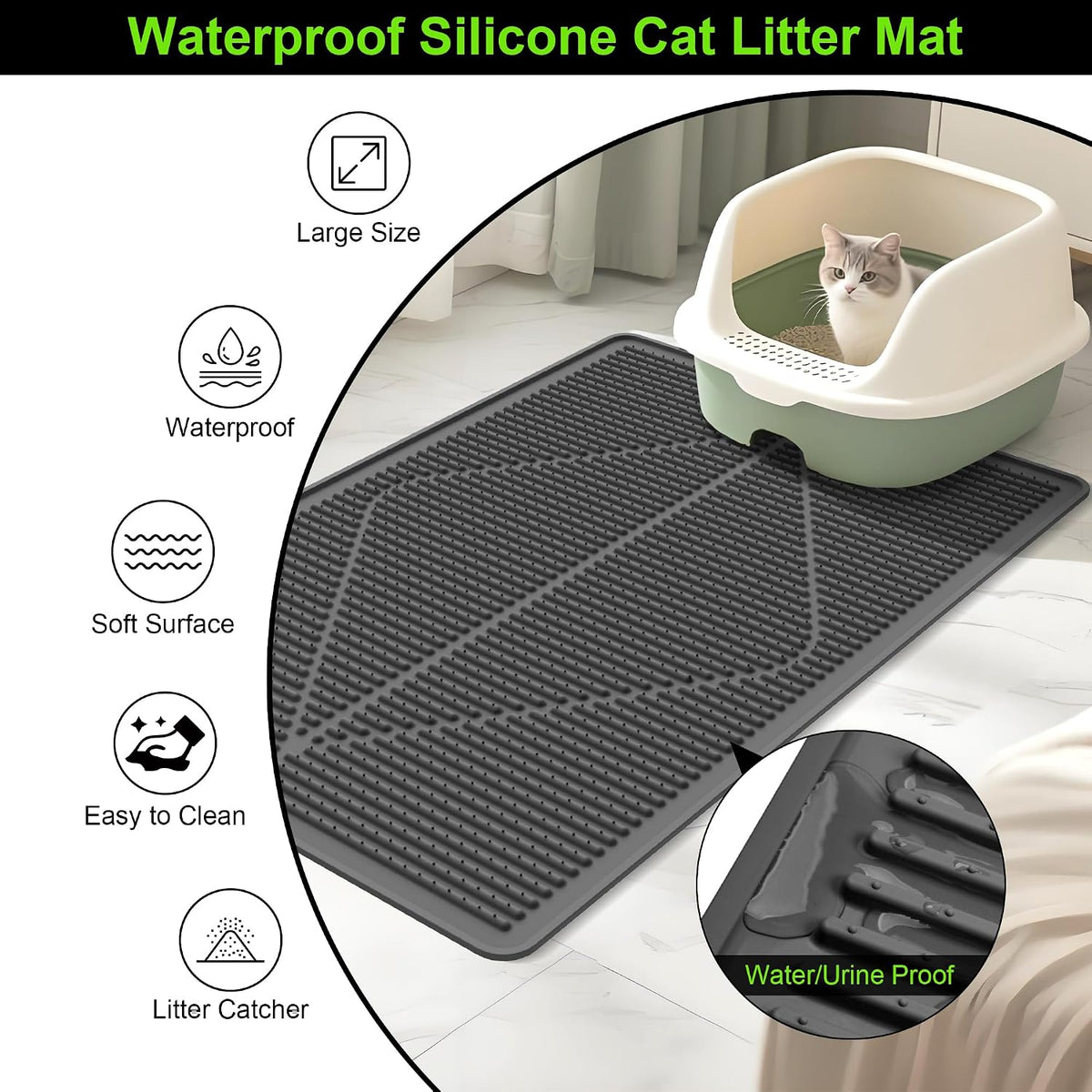 Mofason Rubber Large Cat Litter Mat - Black Silicone Kitty Litter Box Mat | Washable & Waterproof 28"x20" Silicone cat litter mat trapping catcher mat; kitty cat litter box rug catcher mat easy clean