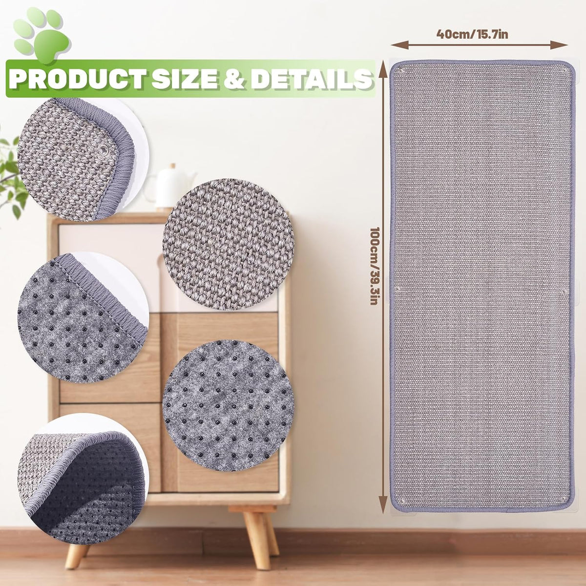 Uranshin Natural Sisal Cat Wall Climbing Carpet, Wall Scratcher Mat Pad