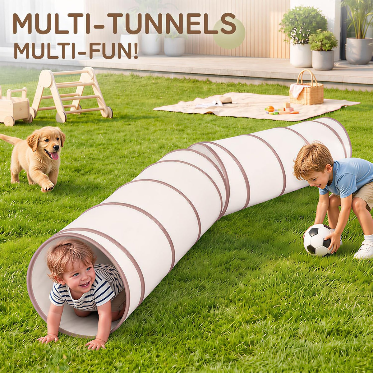 Moncoland Kids Play Tunnel Tent for Toddlers, Pop Up Crawl Tunnel Toy for Baby or Pet with Neutral Color, Collapsible Gift for Boy and Girl Play Tunnel Indoor and Outdoor Game (Beige Tunnel)