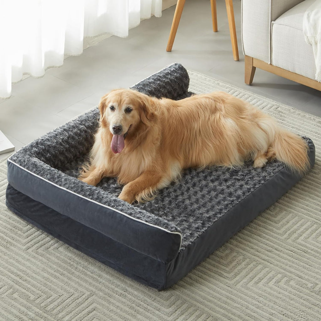 BFPETHOME Extra Large Orthopedic Dog Bed, L-Shaped Pet Bed for Dogs up to 100 lbs, Waterproof, Removable Washable Cover, Non-Slip Base, 48 x 35 x 7.5 inches, Dark Grey