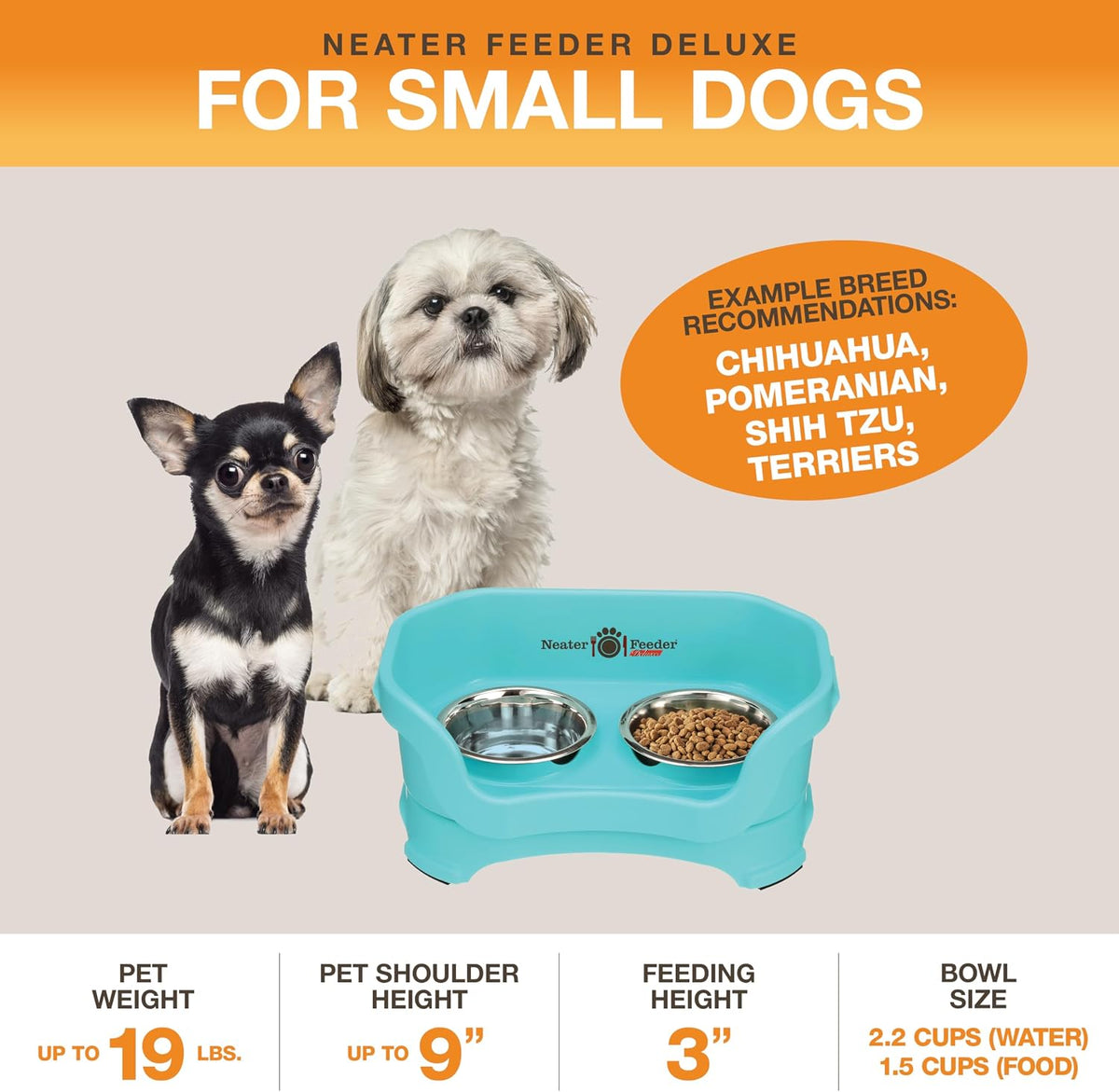 Neater Pet Brands Neater Feeder Deluxe Mess Proof Dog Bowls Elevated for Small Dogs Under 19 lbs, Made in USA, No Spill Raised Dog Food Bowl Stand Feeding Station, Food and Water Bowl Set, Aquamarine 