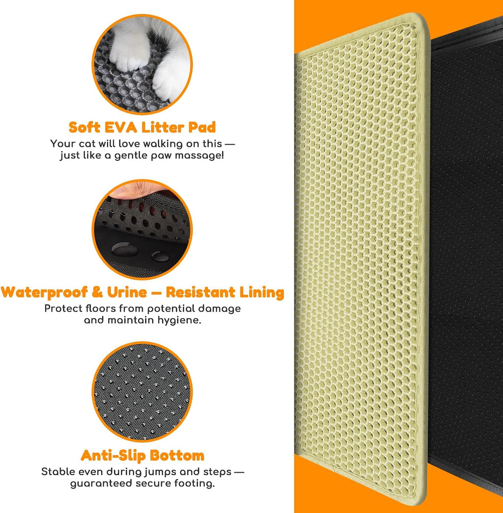 Cat Litter Mat 24"x16",Double Layer EVA Litterbox Mat Cream | Extra Large Honeycomb, Waterproof & non-slip, Odor-free, easy clean, washable durable floor protector,scatter control