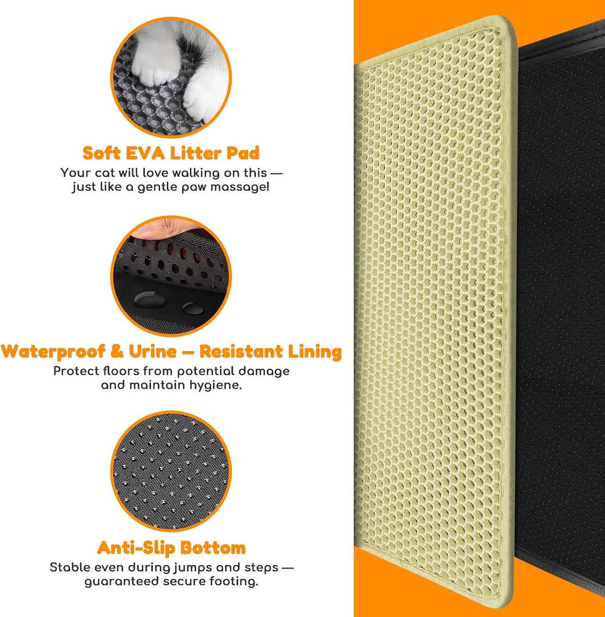 Cat Litter Mat 31"x24",Double Layer EVA Litterbox Mat Cream | Extra Large Honeycomb, Waterproof & non-slip, Odor-free, easy clean, washable durable floor protector,scatter control