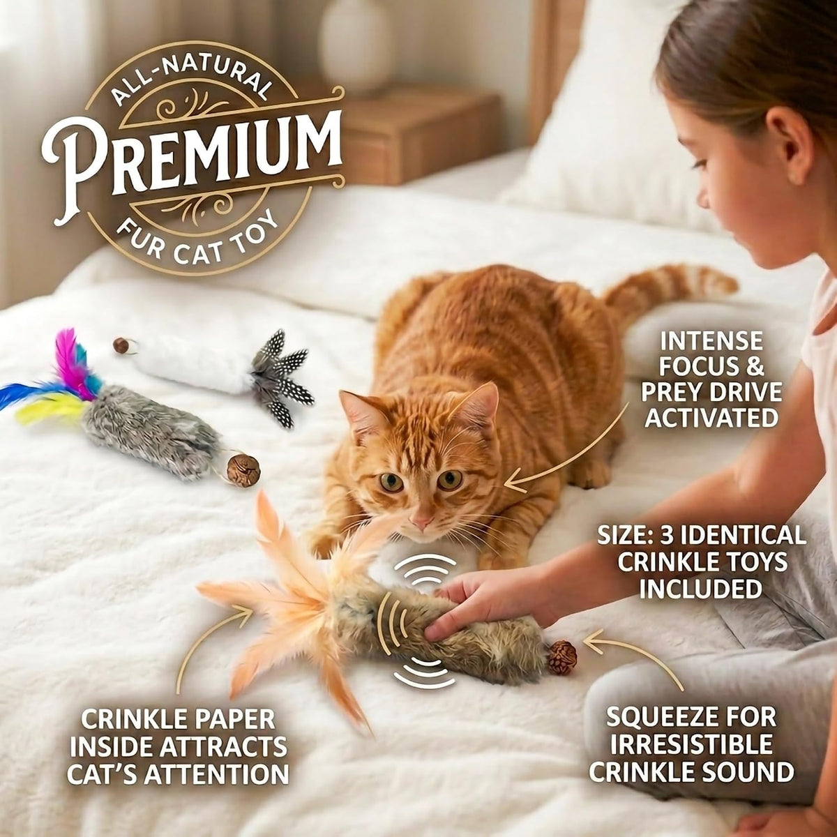 3PCS Cat Rabbit Feather Fur Silvervine Crinkle Kicker for Cats