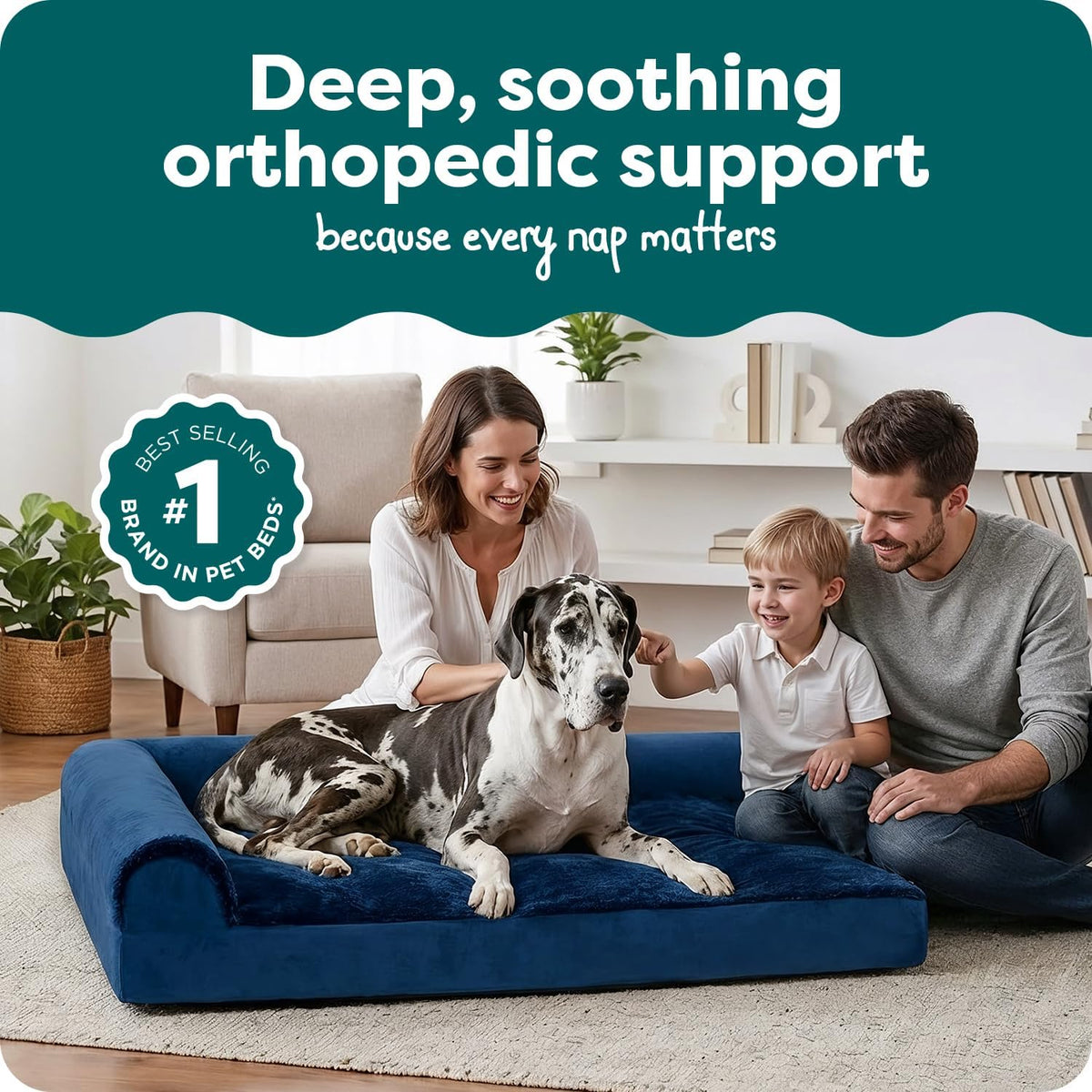Furhaven Orthopedic Dog Bed for Large Dogs w/ Removable Bolsters & Washable Cover, For Dogs Up to 125 lbs - Plush & Velvet L Shaped Chaise - Deep Sapphire, Jumbo Plus/XXL