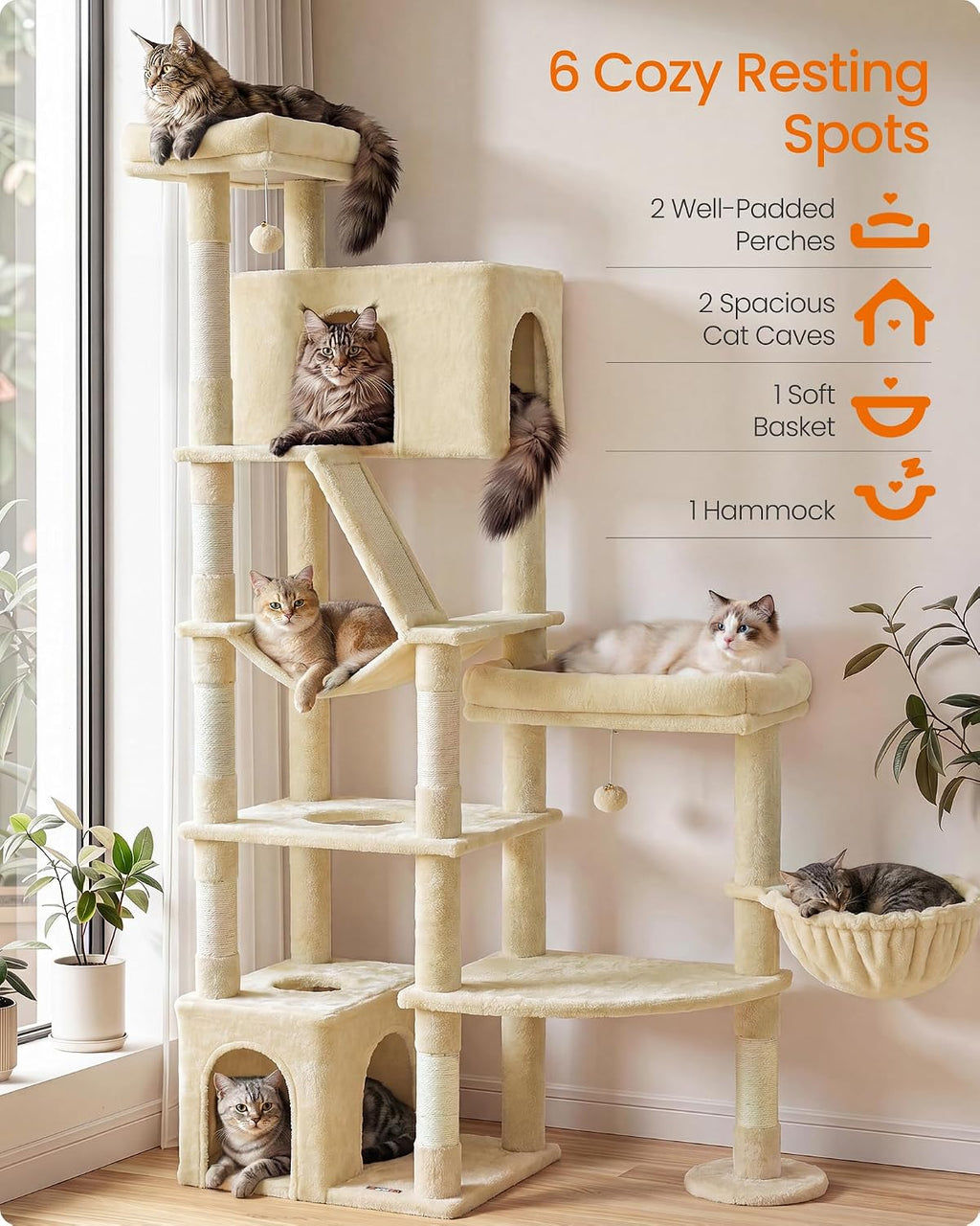 Feandrea Cat Tree, 74.1" Heavy Duty Cat Tower Condo for Indoors, Beige