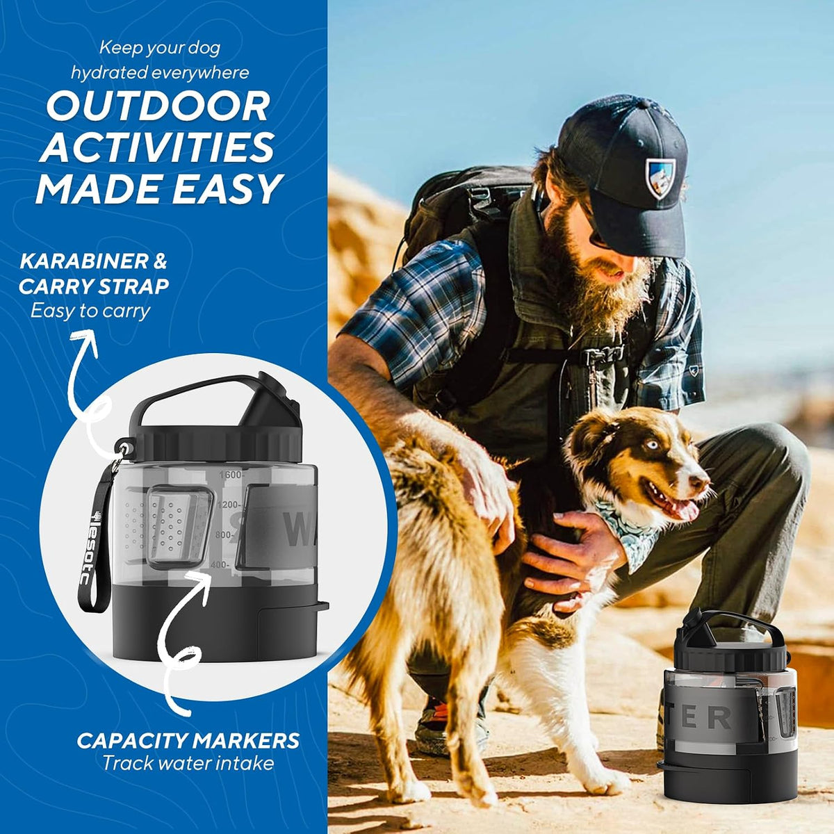 lesotc Portable Dog Water Bottle, 56oz Large Travel Water Bowl Dispenser for Dogs Camping Beach Walking Essentials, Big Pet Bottles Hiking Traveling Park Car Trips Accessories for On the Go, BPA Free 