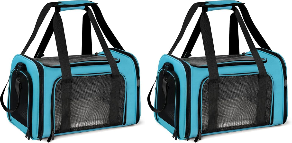 Henkelion Pet Carrier for Small Medium Cats Puppies up to 15 Lbs, Airline Approved Small Dog Travel Puppy Carrier Soft Sided, Collapsible - Blue (Pack of 2)