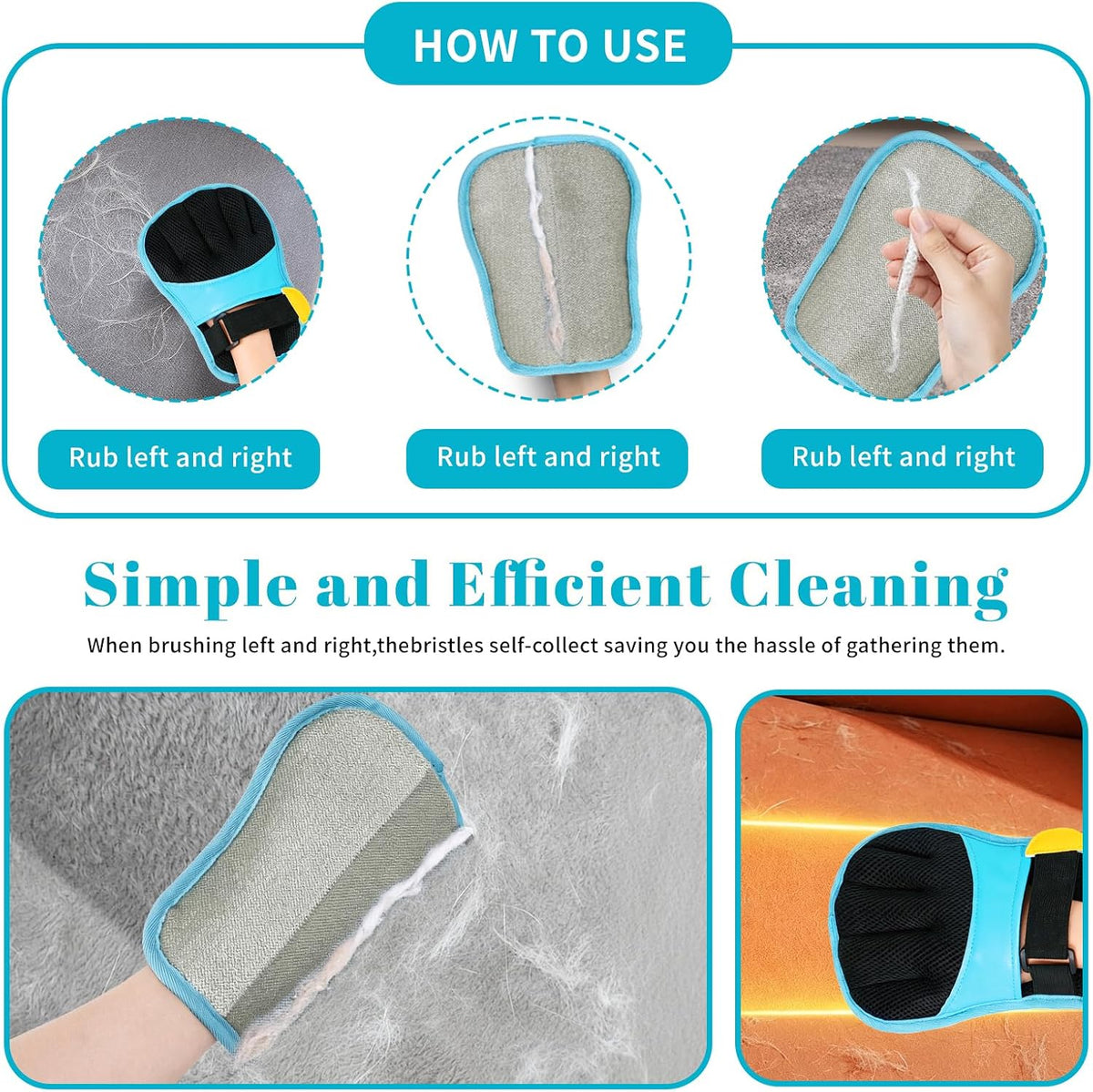 Pet Hair Removal Gloves, Blue and Black Colors, Static Hair Removal, Adjustable Strap, Reusable for Clothing, Sofa, Car Seat, Set of 2
