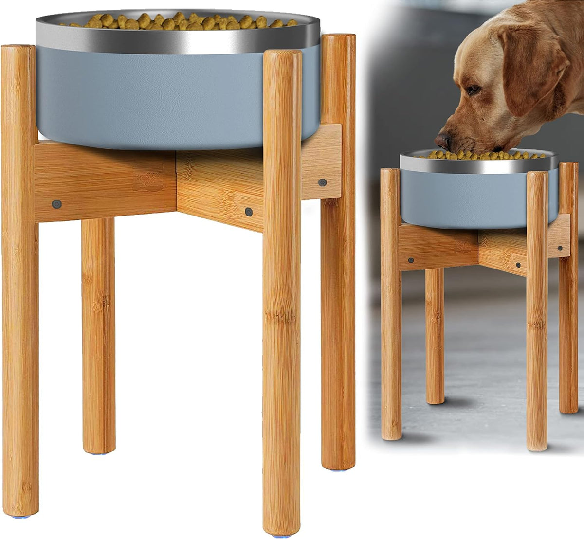 Dog Bowl Stand for Large Dogs - Adjustable, Easy Fold-Down | Use to Elevate Raise Dog Food, Water and Slow Feeder Bowls, Lock-Bolts and Tool Added, Foot-Padded, Bamboo Stand Only 