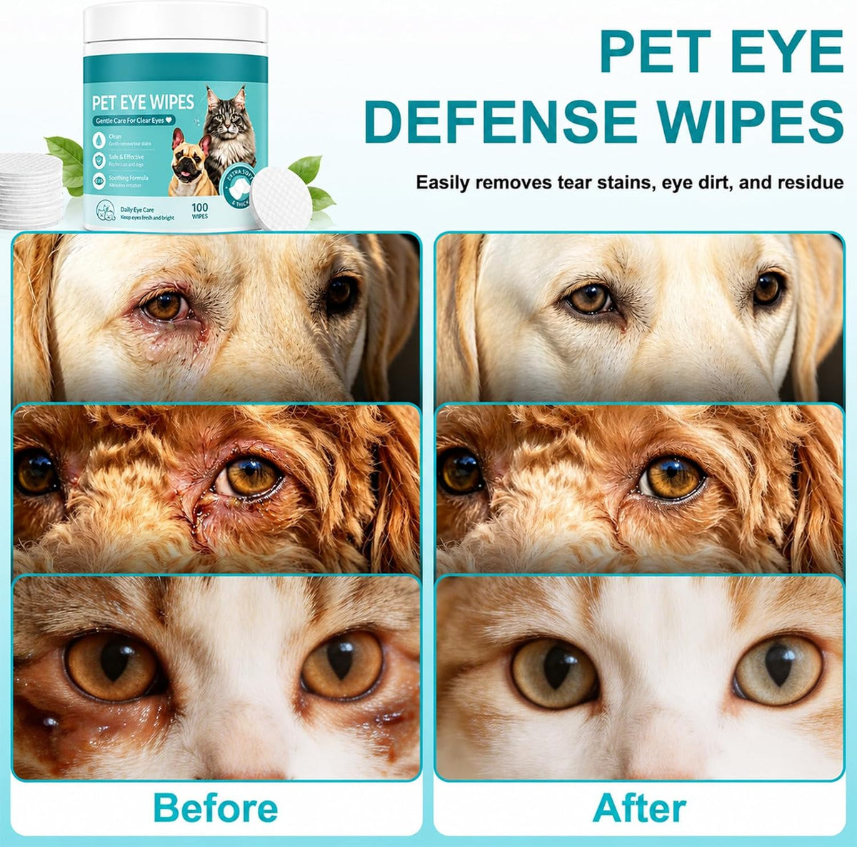 2Pcs Pets Eye Wipes,Eye Defense Wipes,Tear Stain Remover for Pet,Gentle Textured Eyes Area Wipes with Aloe Vera and Chamomile for Eye Dirt,Daily Cleaning Wipe